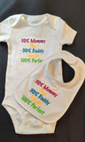 50% Mommy + 50% Daddy = 100% Perfect Custom Embroidered White Terry Cloth Baby Bib and Bodysuit