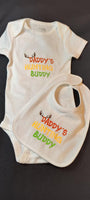 Daddy's Hunting Buddy Custom Embroidered White Terry Cloth Baby Bib and Bodysuits