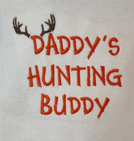 Daddy's Hunting Buddy Custom Embroidered White Terry Cloth Baby Bib and Bodysuits